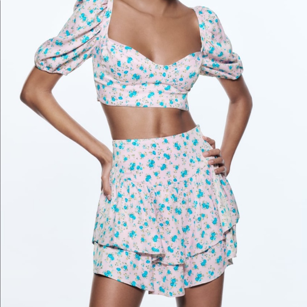 Zara Set of Floral Satin mini skirt set